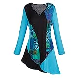 Women's Tunic Top - Blue And Black Flowers Shirt - Asymmetrical Hem