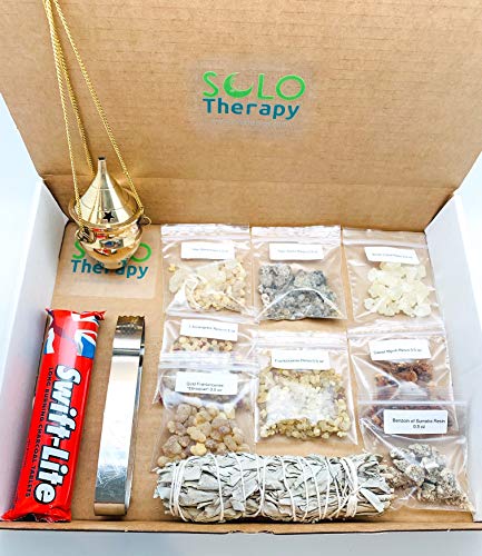 Resin Incense Set: Palo Santo, Altar Blend, Sweet Myrrh, White Copal, Frankincense, 7 Arcangeles, Benzoin, Ethiopian Frankincense | White Sage, Charcoal Tablets, Tong, Brass Hanging Censer Burner