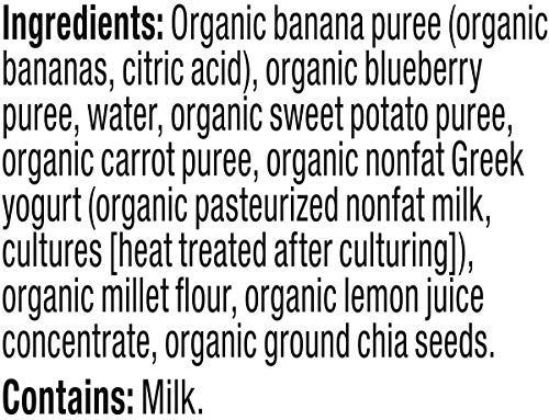 PLUM ORGANICS MIGHTY 4 ORGANIC TODDLER FOOD – BANANA, BLUEBERRY, SWEET POTATO, CARROT, GREEK YOGURT, AND MILLET – 4 OZ POUCH – ORGANIC FRUIT AND VEGETABLE TODDLER FOOD POUCH