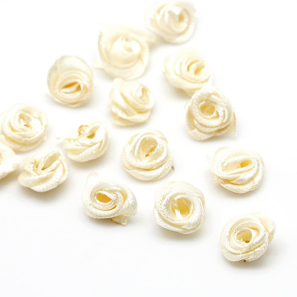 Pack of 100 Roses 3 cm Small Artificial Flowers Rose Heads Satin Roses Sew On Flowers Appliques for Craft Patches Decorative Roses Mini Fabric Roses DIY Accessories Home Wedding Decoration Milk White
