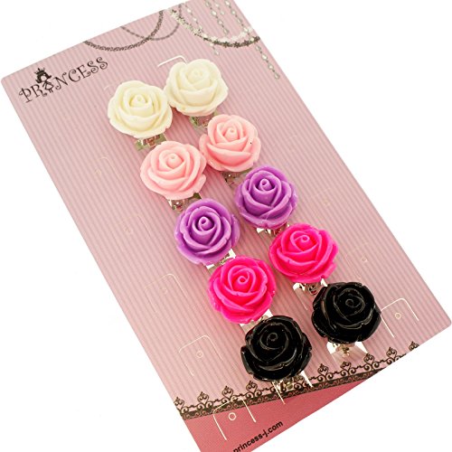 Big Size 19mm Color Rose Flower Design Fashion Clip-on Earrings, Pack of 5 Pairs