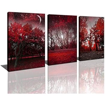 Cao Gen Decor Art-AH40334 Canvas Prints 3 Panels Framed Wall Art Red Trees Paintings Printed Pictures Stretched for Home Decoration