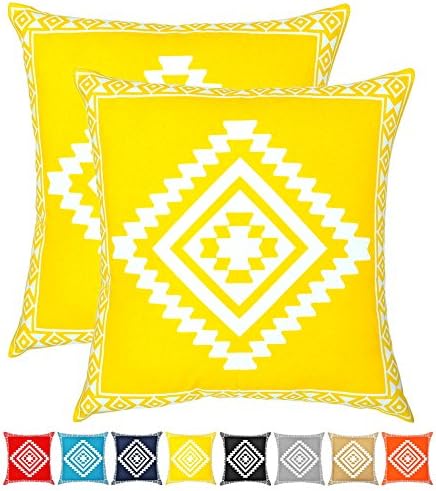 Throw Pillow Cover Cushion Cases Cotton Printed Tribal Handcraft (18 x 18 Inches, Set of 2, Yellow) by Urban Style Décor