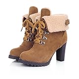 Milesline Fashion Women's Booties Winter Warm Fur Lined Lace Up Chunky High Heel Snow Boots