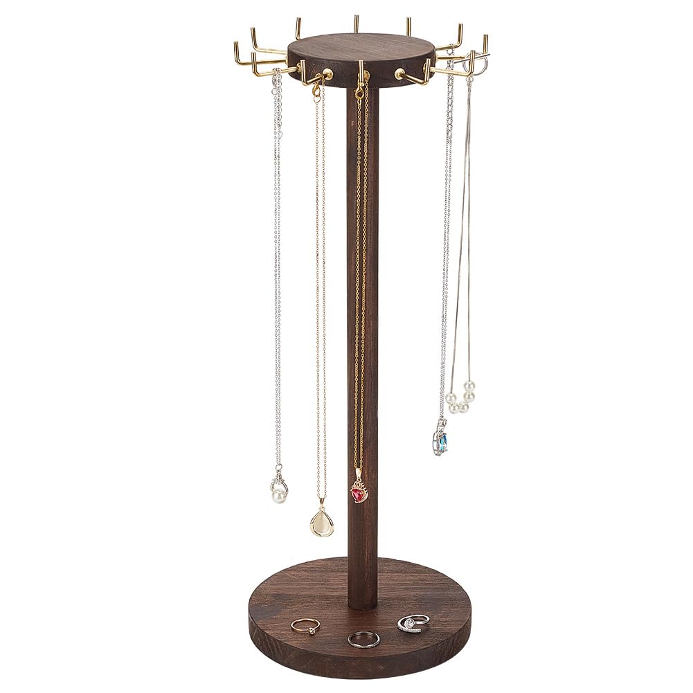 AHANDMAKER Wood Necklace Display Stand, 16.14 Inch Wooden Jewelry Display Organizer Stands with 12 Hooks, Circular Tabletop Holder for Necklace and Bracelet Display and Storage, Brown