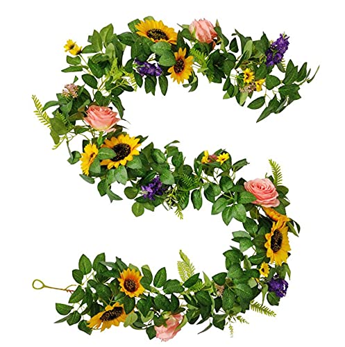FLCSIed Handcrafted Real Touch Flower Roses Sunflowers Garland 6.23FT, Artificial Foliage Greenery Vine with Mixed Flowers, for Table Runner, Wedding Arch Backdrop, Centerpieces, Photo Booth (Yellow)
