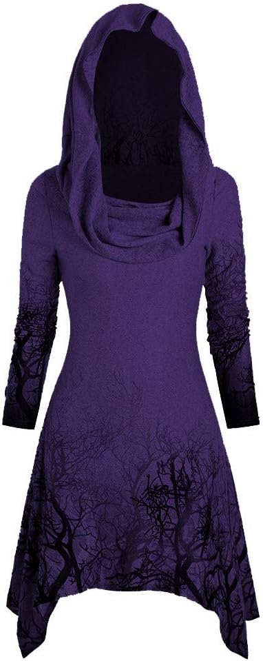 TIFENNY Halloween Women's Pullover Shirts Long Sleeve Tree Print Convertible Collar Asymmetrical Knitwear Cloak Tops Hooded