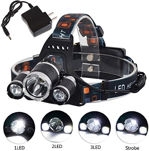 Super Bright T6 LED Headlamp Waterproof 5000 Lumens, 3 ร T6 LED Headlight 4 Modes with Wall Charger for Hiking Camping Running Reading