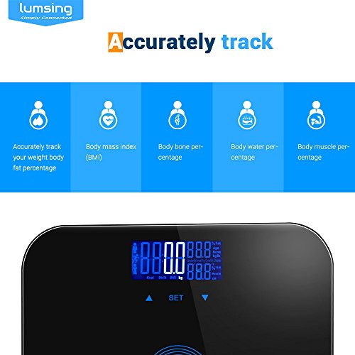 Lumsing Body Fat Weight Bathroom Scale Digital Body Monitor Analyzer Professional Smart Fitness Scale 400 lbs Measuring BMI/Body Fat/Water/Muscle/Bone Range, Black, CF375(Battery Include)