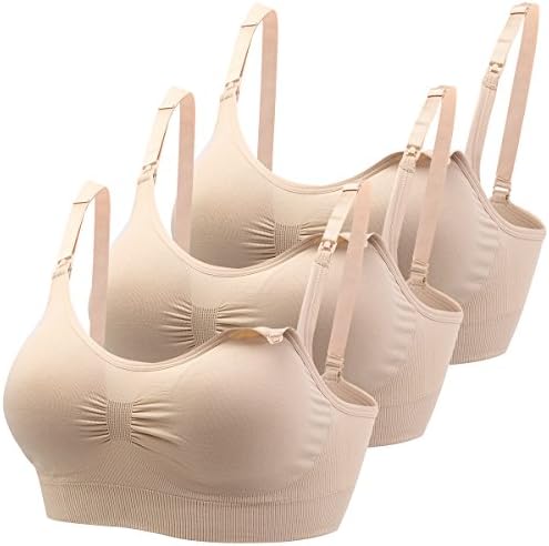 PROBRA Women's Seamless Nursing Bra Comfort Maternity Bralette for Breastfeeding Pack of 3 Color Beige Size S