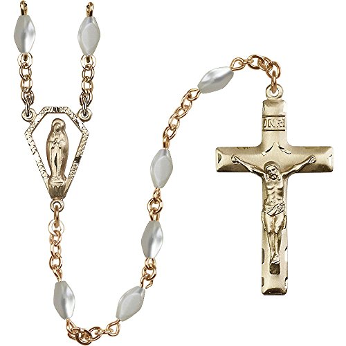 14kt Yellow Gold Filled Rosary 5x7mm Mother of Pearl beads, Crucifix sz 1 5/8 x 7/8. Miraculous medal charm