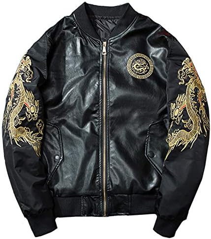 Lemosery Men's Fashion Chinese Dragon Embroidered Totem Bomber Jacket Windbreaker Moto Flight Jacket