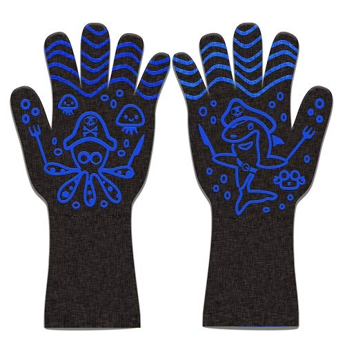Highcamp Heat Resistant Grill BBQ Gloves Oven Mitts - Hot Grilling Cooking Baking Frying Smoking Gloves with Toaster Bags - Perfect As Kitchen Household Camping Long Cuff/Blue