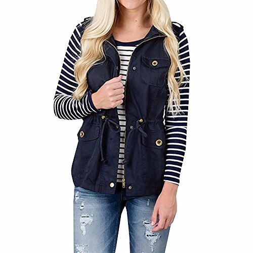 HOSOME Women Jacket Lightweight Sleeveless Stretchy Drawstring Vest with Zipper Top Deep Blue
