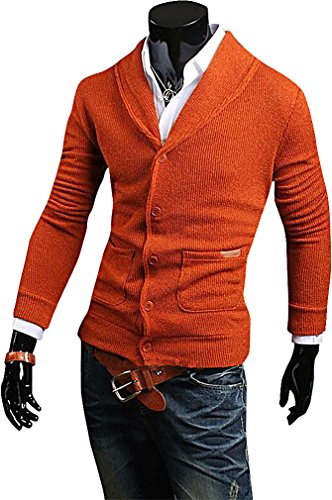 Tophaz Men's Stylish Slim Knitted Sweater Warm Thin Cardigan Buttons Pocket SW46, Orange Medium