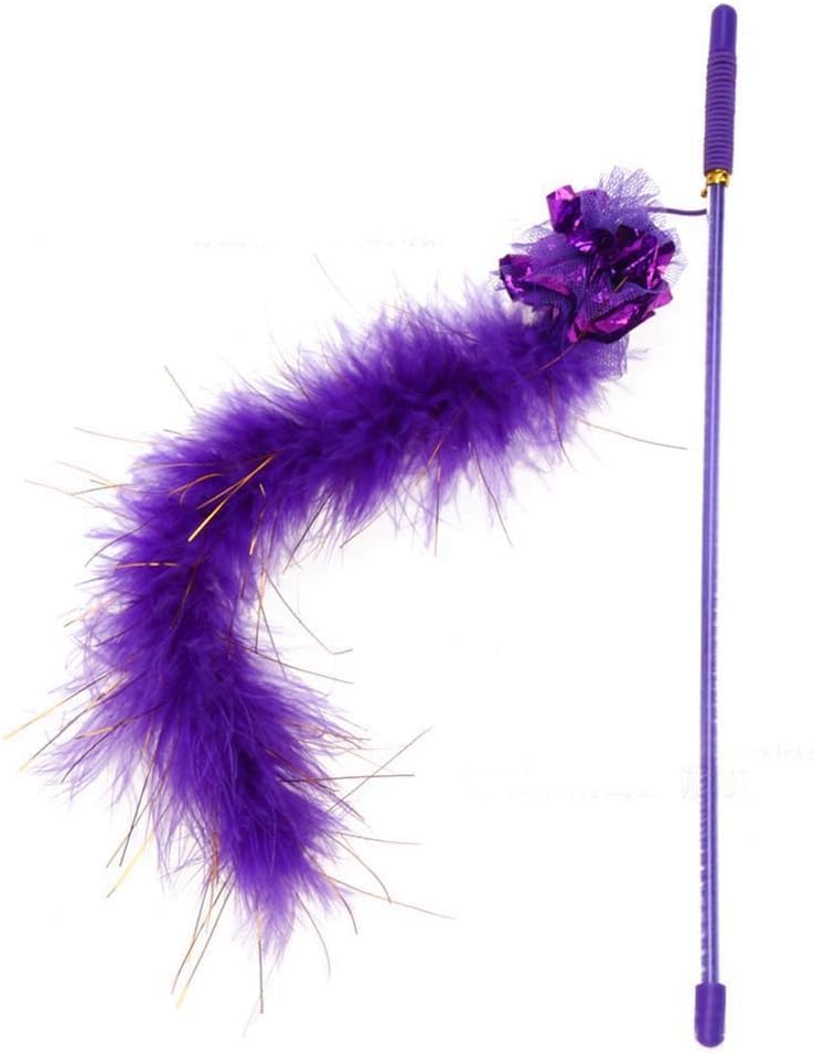 Photo 1 of Purple Cat Teasing Stick Toy - Interactive Stick with Sparkly Feather Boa & Crinkle Ball for Indoor Cat Training & Fun