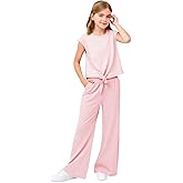 Haloumoning Girls Summer 2 Piece Outfits Kids Cap Sleeve Twist Front Tops Wide Leg Pants Clothing Sets 5-14Y