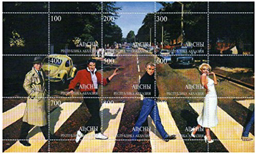 Fab 4: Humphrey Bogart, Elvis Presley, James Dean, and Marilyn Monroe on Abbey Road, 9 Stamp Sheet, Abkhazia 1999