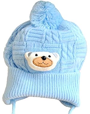 Cute Blue Teddy Bear Winter Beanie Hat for Babies, 0 to 6 Months