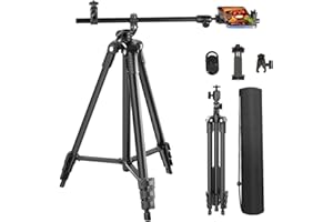 Phone Tripod, Arsoer 67" Adjustable Height Tripod with Horizontal Column and Removable Clip Mount for Overhead Shot, 360° Rot
