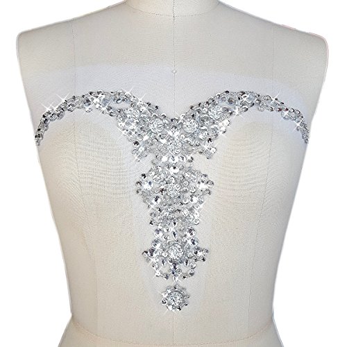 Handmade Beaded V-neck Sequin AB Color Bling Sew On Neckline Rhinestone Crystal Trim Bridal Applique Design Patch Sewing for Wedding Dresses DIY Decoration 23x33cm/9x13 Inch (Silver)
