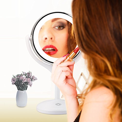 KEDSUM 1X/10X Double Sided Lighted Makeup Mirror, 360 Degree Swivel Tabletop Vanity Mirror,Cosmetic Regular/Magnifying Mirror with Lights, Dimmable Touch Button,Dual Power Supply