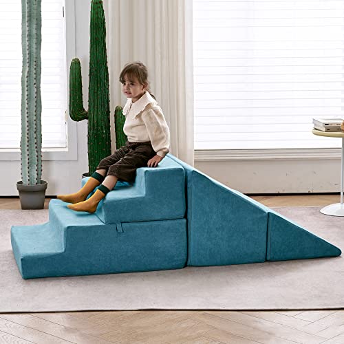 jela Toddlers Climbing Toys Indoor, Toddler Indoor Playset, Safe Soft Foam Climbing Blocks with Slide Stairs, Climbing Toys for Toddlers Luxury Miss Fabric, Soft Couch Slide (Lightblue)