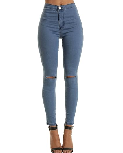 Qitun Damen Jeans Hose Skinny Knie Loch Jeanshose High Waist Zerrissene Elastizität Slim Pants Trousers