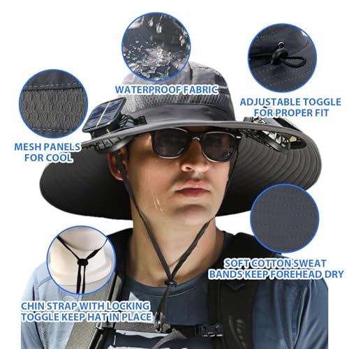 Solar Fan Sun Hat Wide Brim Hat Outdoor Wide Brim Sun Hat with 2 Solar Fan Fishing Hat, Hat UPF 50+, Removable & USB Charging