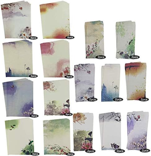 DLOnline 80 Pcs Writing Stationery Paper and Envelopes,Letter Set,8 Types of Ink Portray Basic Classic Vintage(64 Letter Paper + 16 Envelopes)