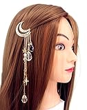 QTMY Moon Rhinestone Tassel with Crystal Beads Charms Hair Clip Pin Hair Chain Jewelry Hair Accessories (Gold)