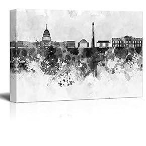 Black and White City of Washington DC with Watercolor Splotches