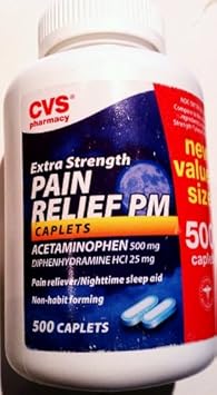 Amazon Com Cvs Extra Strength Pain Relief Pm Pain Reliever Nighttime Sleep Aid 500 Caplets Acetaminophen 500 Mg Health Personal Care