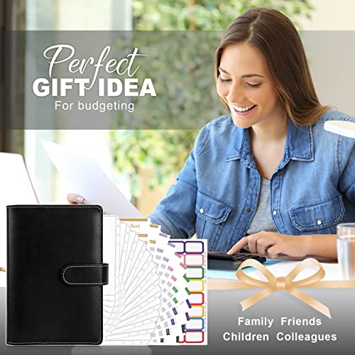 TAOPE Classeur Budget avec Enveloppe Budget, Classeur A6 Budget Planner Sets en PU Cuir, Carnet Budget 6 Anneaux Remplissable avec Pochettes Transparentes, Organisateur Enveloppe Budget Noir Pur