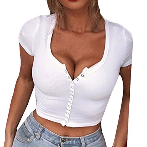 WM & MW Hot Sale Girls Womens Tops Short Sleeve Sexy V-Neck Button Henley White Crop Tops Club Blouse T-Shirt (X-Large, White)