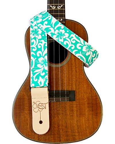 1.5" Hawaiian Print Ukulele Strap - Teal Hibiscus