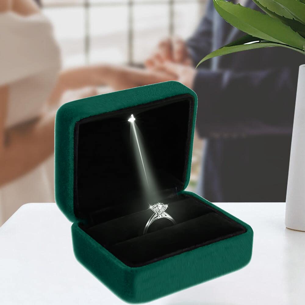 Velvet Ring Box LED Light Jewelry Gift Box Engagement and Wedding Ring Box for Presentation (Dark Green)