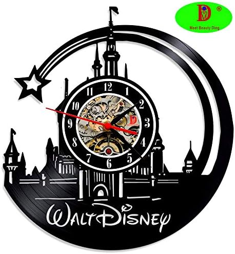 Meet Beauty Ding Creative Vinyl Record Wall Clock Unique Disney Castle Ultra Silent -Hanging Time Watch Home Art Decor Best Gift for Christmas(12" Black)
