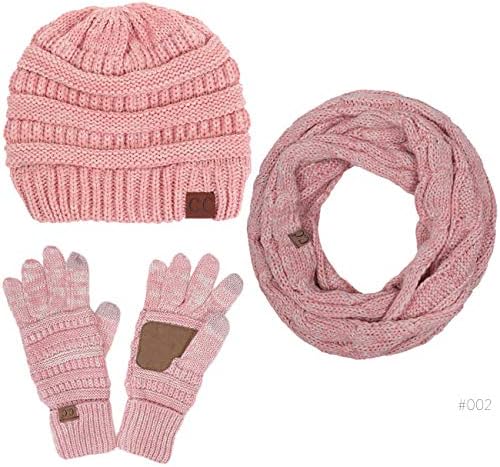 ScarvesMe CC 3pc Two Tone Trendy Warm Chunky Soft Stretch Cable Knit Beanie, Scarves and Gloves Set