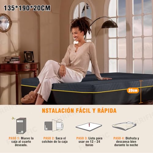 SAFONUS Colchón Matrimonial de Memory Foam 20CM, Colchón para el Dolor de Espalda, Cama de Gel de Cobre Refrigerante en Una Caja, Firmeza Media Terapéutica, Soporte Ergonómico,135x190cm, Negro