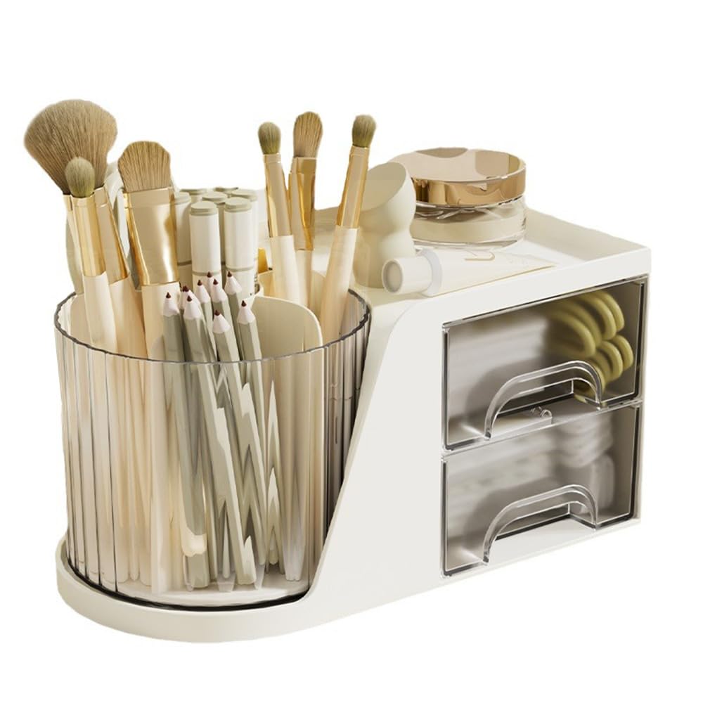 Axroad Mall 360° Rotating Pen Pencil Holder, Desktop Stationery Storage Box with 2 Drawers, Large Capacity Pen Organiser Makeup Brush Holder for Office School Home & Art Supplies (White)