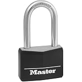 Master Lock Keyed Outdoor Long Shackle Aluminum Padlock, Tool Lock 141DLF | Weather-Resistant Solid Lock With Key, Long Shackle Lock For Gates, Fences, Toolboxes Black Covered Aluminum Lock