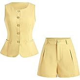 winkbay Women's 2 Piece Work Office Outfits Button Up Crew Neck Vest and Tailored Shorts Set