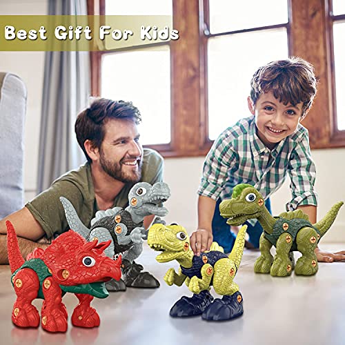 WANFEI Dinosaur Toys, 4 Pack of Take Apart Dinosaurs Construction Building Toy Set with Electric & Hand Drill for Kids 3 4 5 6 7 8 , STEM Kids Toys for Toddlers Boys Girls Birthday Gifts