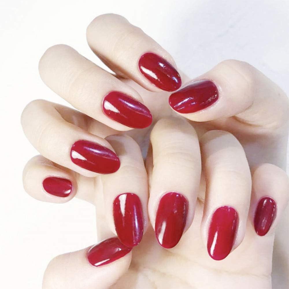 Aimimier 24Pcs Oval False Nails Short Round Pure Color Full Cover Glossy Fake Nails with Glue Sticker Boho Fake Nails Art Tips Set for Women and Girls (Red)