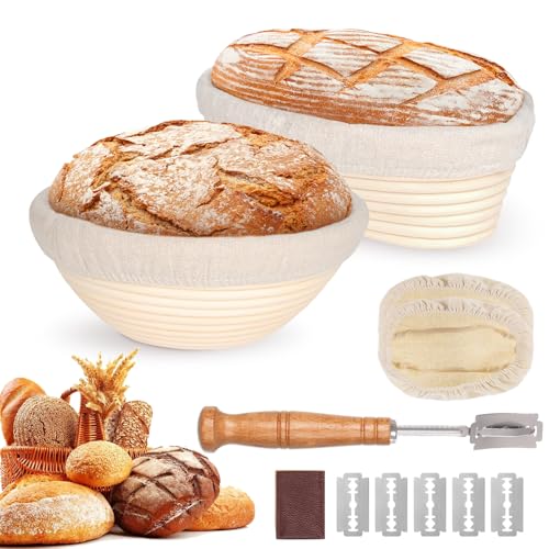Set of 2 Proofing Baskets, Proofing Basket, Bread Set, Round and Oval Proofing Basket for Bread Baking Set, Bread Basket with Bread Knife with Five Blades, Washable Linen Insert, for Professional and Domestic Bakers