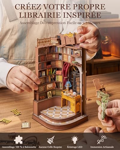 Rolife Book Nook DIY Miniature House Kit Wooden Adult Model with Lights Silent Corner Study Booknook Puzzle 3D Bookends Diorama Library Decoration Book Living Room