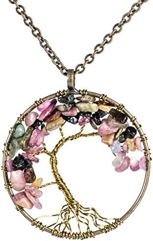 Tree of Life Pendant Necklace Chakra Gemstone Handmade Wire Wrap Charms with 30 Inch Chain for Women Girls Teens(Tourmaline)