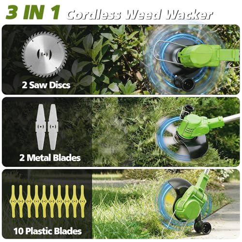 Electric Weed Wacker Cordless, 21V Weed Cordless Eater with 2 Batteries and 3 Types Blades, 3 in 1 Brush Cutter/Grass Trimmer/Lawn Edger for Garden Yard (Green)