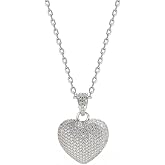 Cubic Zirconia Heart Charm Pendant Necklace For Women 14k White Gold-Tone Plated Cute Dainty Sparkly CZ Crystal Puffed Love Heart Choker Adjustable Chain Exquisite Jewelry Gift Valentine's Day Anniversary